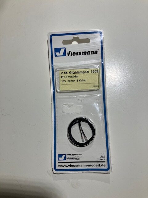 Viessmann 3509 2 stk Glødelamper Ø 1,8mm klar 16 V 30mA 2 kabler. NYT.