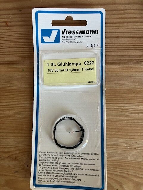 Viessmann 6222 Glødelampe  16 V. 30ma 1,8mm 1 kabel NYT